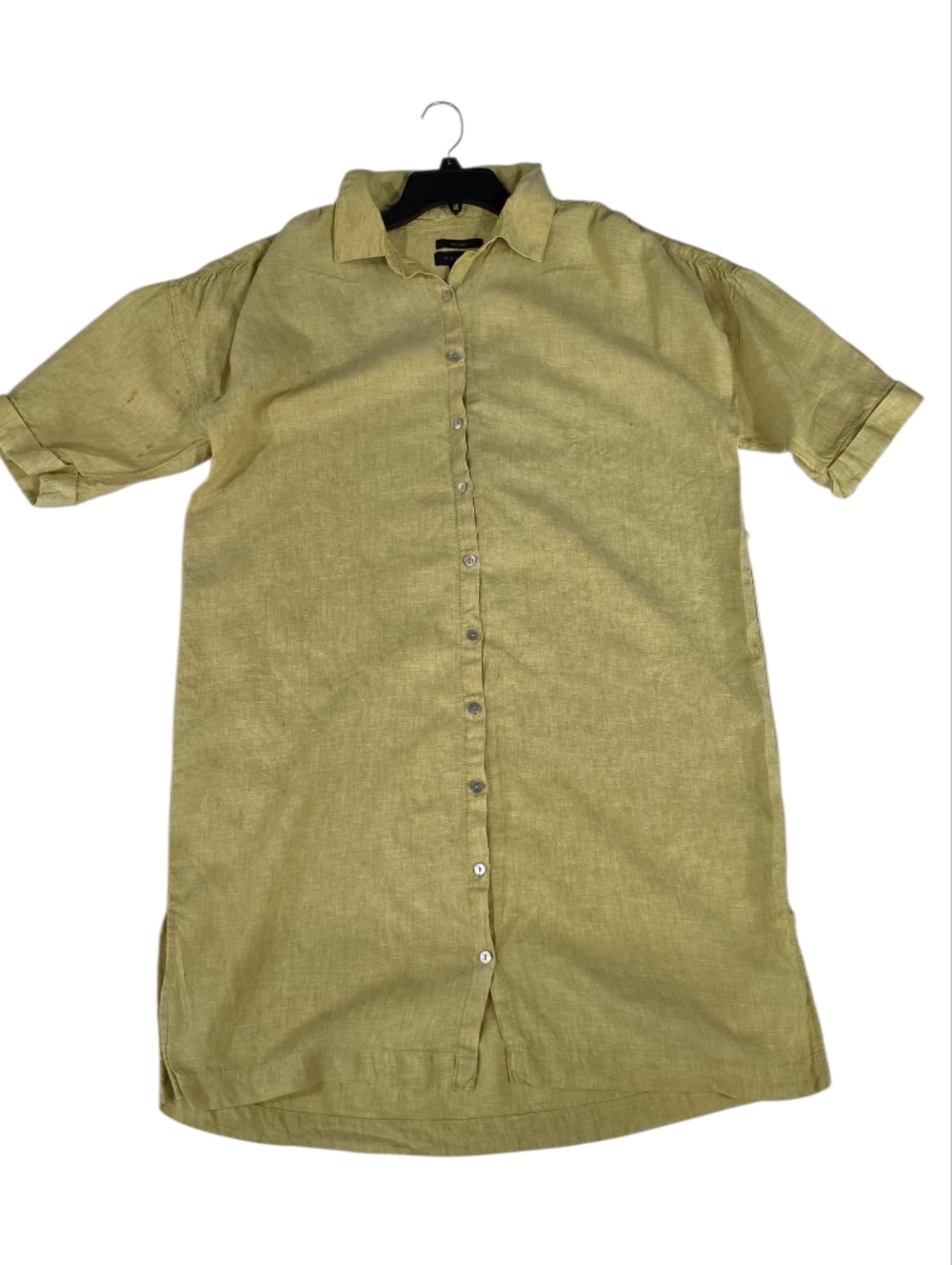 Lightweight Yellow Button-Up 100% Linen dress Size M MIDI Length
